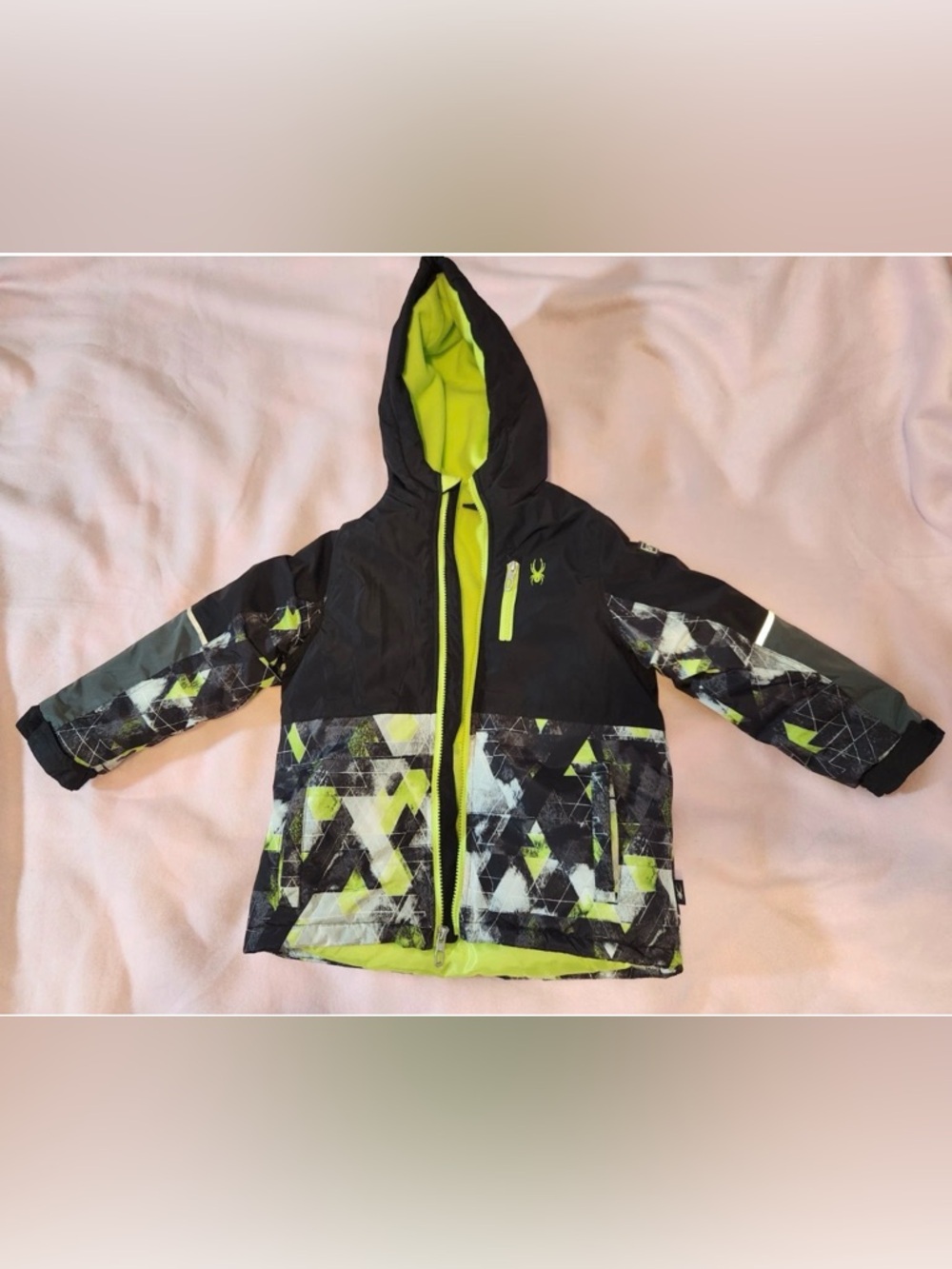 SPYDER Boys Snow Winter Jacket Black Gray Neon Yellow Ski Coat Full Zip Sz 4T